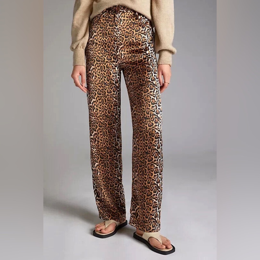 Anthropologie Ena Pelly Leopard‎ Print High Rise Satin Pants Size 8